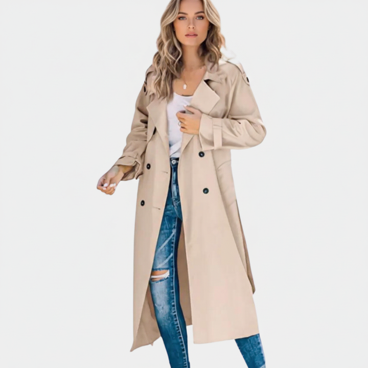 Moderiktig lång damtrenchcoat "Fiona". Elegant och varm höst- & vinterkappa för dam.
