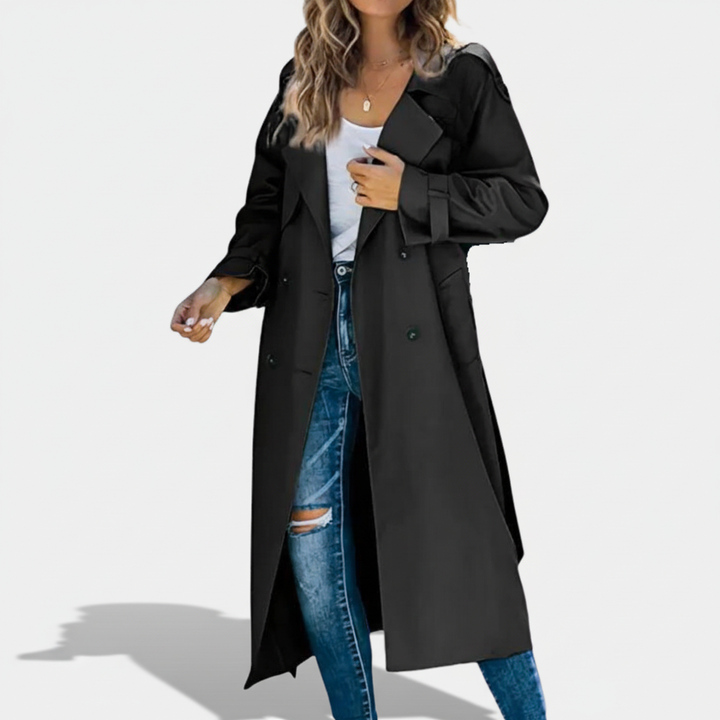 Snygg lång trenchcoat "Fiona" för dam. Klassisk och elegant höst- & vinterkappa.
