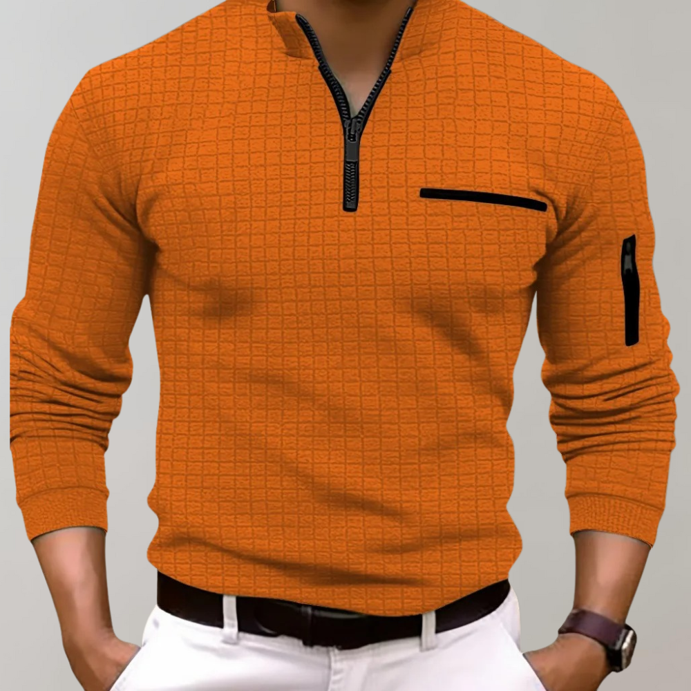 Flerfärgad långärmad herrpolo, klassisk stil. Perfekt för höstmode och en komfortabel vardagslook.