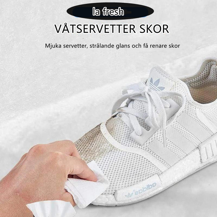 "La Fresh skovåtservetter för enkel rengöring av skor, vita och individuellt förpackade, praktiska att ta med."