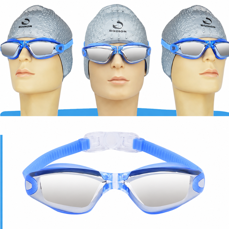 Blå läckfria simglasögon för triathlon med spegelglas på exponeringsdocka