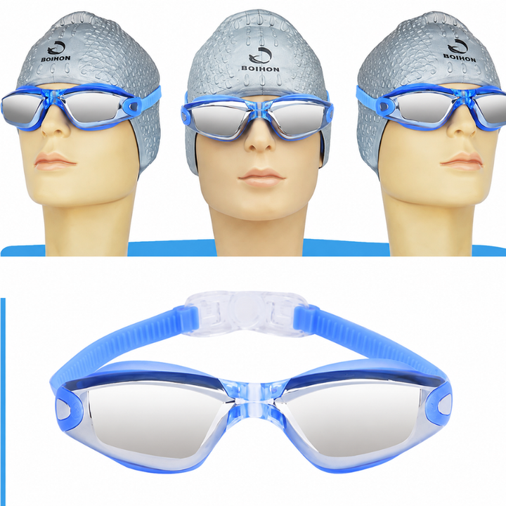 Blå läckfria simglasögon för triathlon med spegelglas på exponeringsdocka