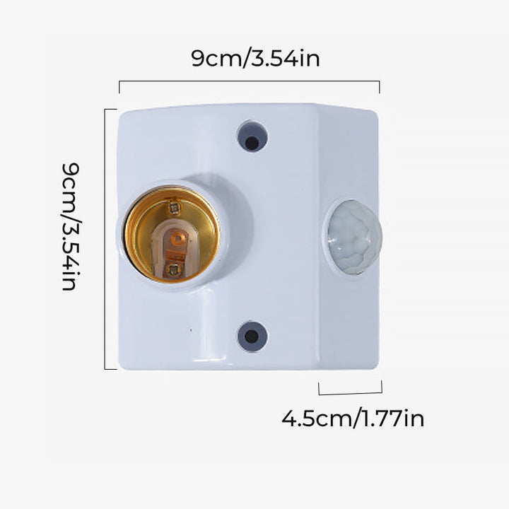 "Lamphållare med rörelsesensor för trappbelysning, vit med IP65 skydd, detektionsvinkel 180°, lämplig för E27-sockel."