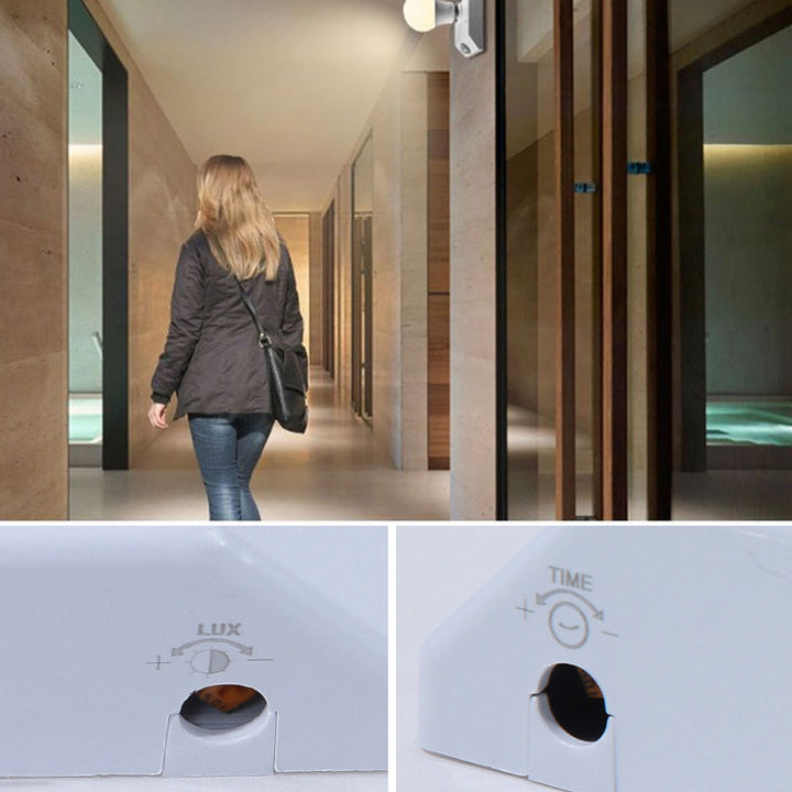 "Lamphållare med rörelsesensor för trappbelysning, vit med IP65 skydd, detektionsvinkel 180°, lämplig för E27-sockel."