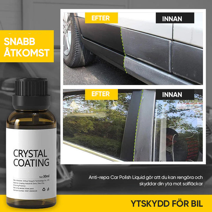 "Långverkande plastytmedel för bilskydd, blå flaska på reflekterande yta, 30ml. För interiör och exteriör användning."