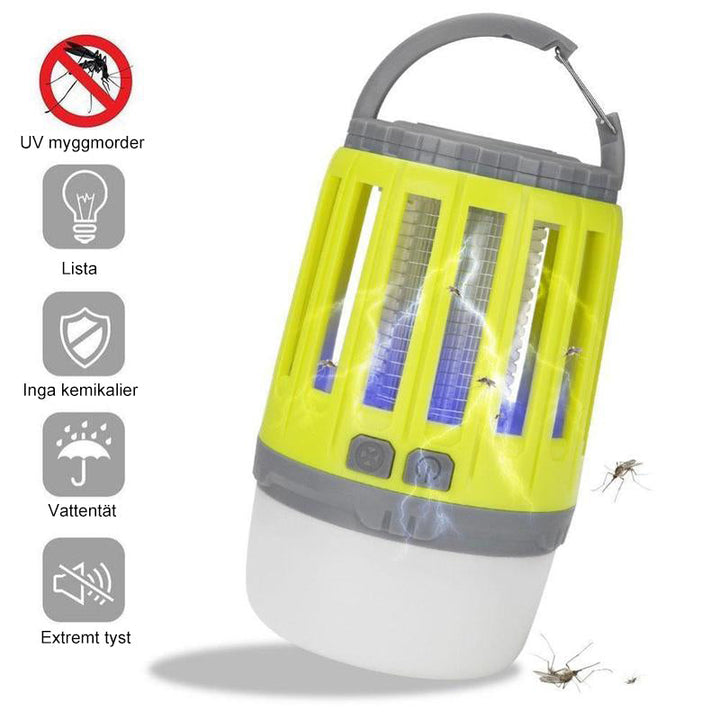LED campinglampa, myggdödare, vattentät, grön-gul-grå, kompakt design, uppladdningsbar för utomhusbruk.