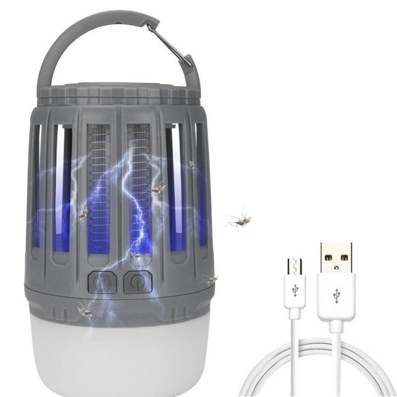 LED campinglampa, myggdödare, vattentät, grön-gul-grå, kompakt design, uppladdningsbar för utomhusbruk.