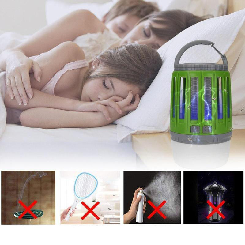 LED campinglampa, myggdödare, vattentät, grön-gul-grå, kompakt design, uppladdningsbar för utomhusbruk.