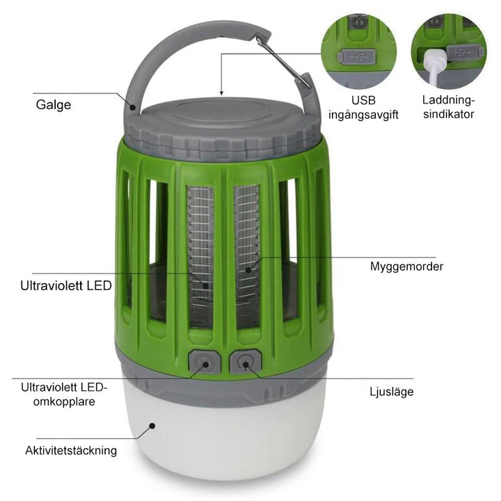 LED campinglampa, myggdödare, vattentät, grön-gul-grå, kompakt design, uppladdningsbar för utomhusbruk.