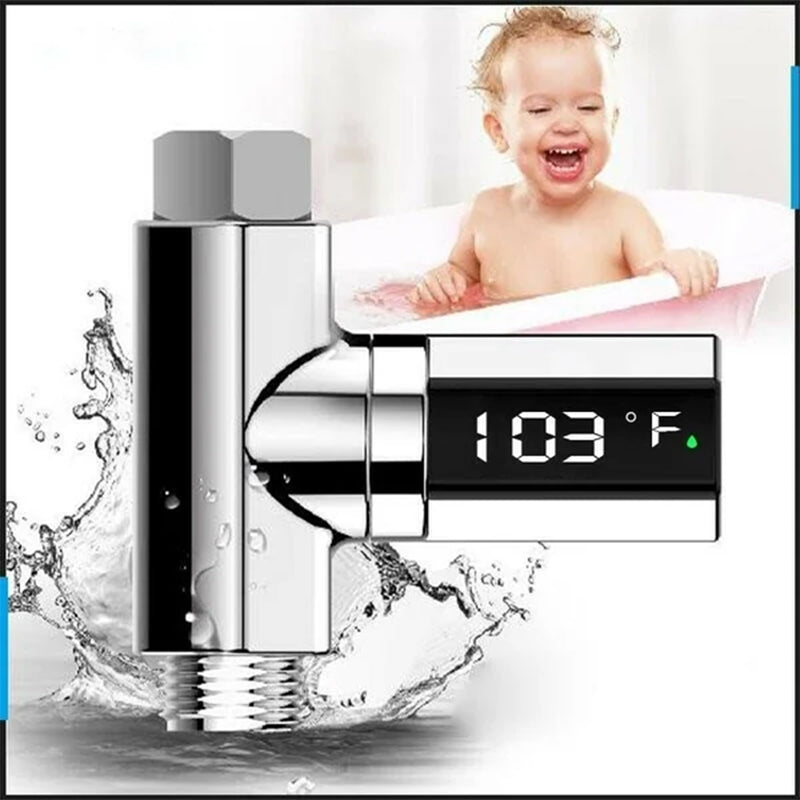 "LED-duschtermometer med 360° visning, visar vattentemperatur i realtid, färgindikator, barnsäker, ingen batteri behövs."