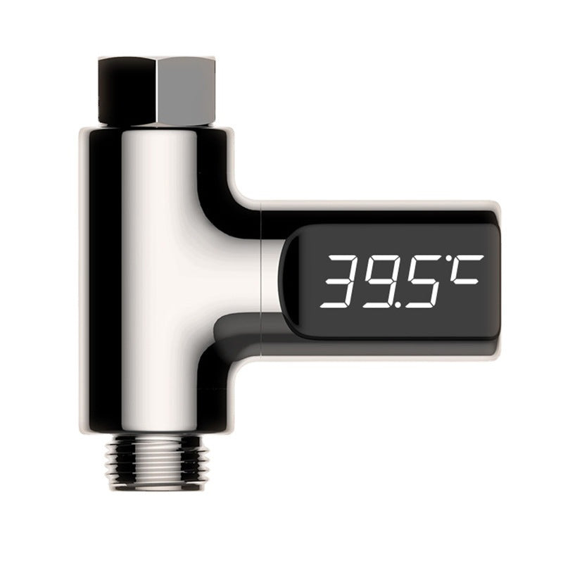 "LED-duschtermometer med 360° visning, visar vattentemperatur i realtid, färgindikator, barnsäker, ingen batteri behövs."