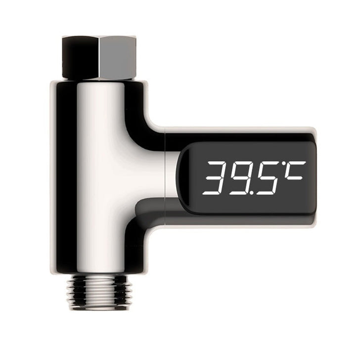 "LED-duschtermometer med 360° visning, visar vattentemperatur i realtid, färgindikator, barnsäker, ingen batteri behövs."