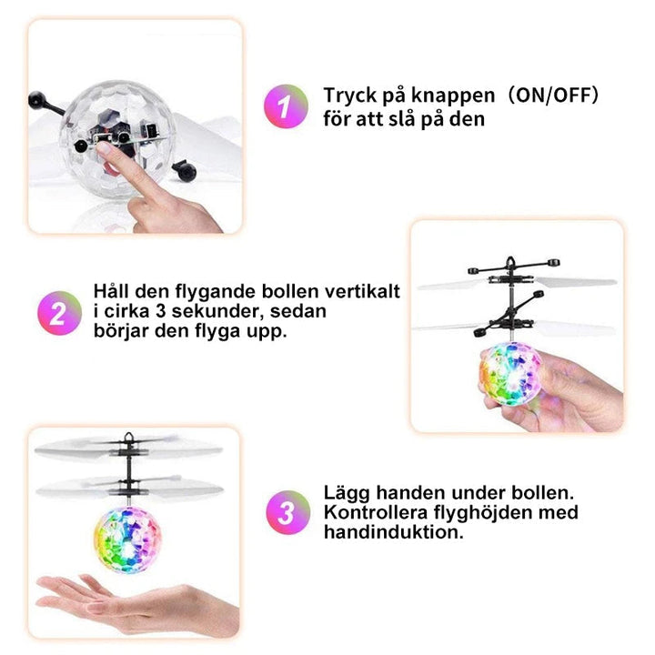 "LED flygande boll för barn med färgglad belysning, transparent kropp och inbyggda svävsensorer, säker och lekvänlig."