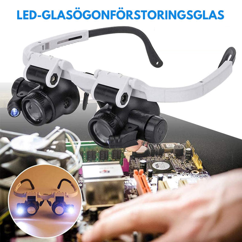 "LED förstoringsglasögon med utbytbara linser, justerbar LED-belysning och bekväm design, perfekt för precisionsarbete."
