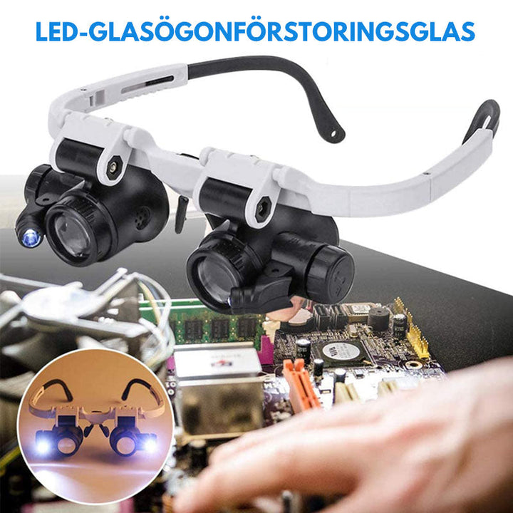 "LED förstoringsglasögon med utbytbara linser, justerbar LED-belysning och bekväm design, perfekt för precisionsarbete."