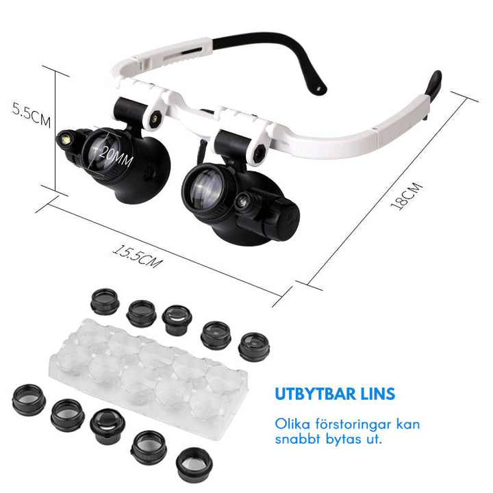 "LED förstoringsglasögon med utbytbara linser, justerbar LED-belysning och bekväm design, perfekt för precisionsarbete."