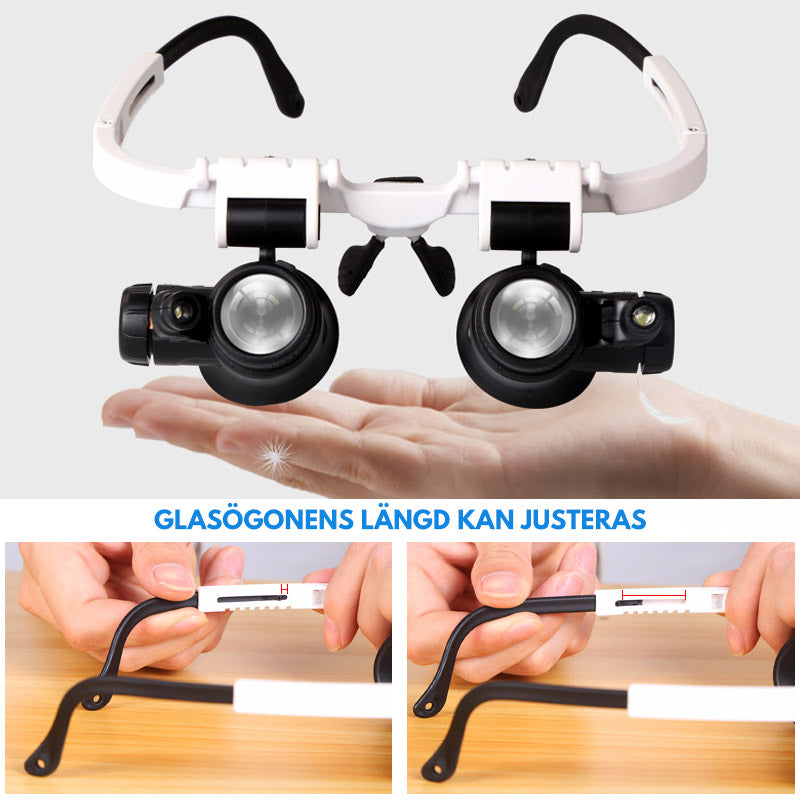 "LED förstoringsglasögon med utbytbara linser, justerbar LED-belysning och bekväm design, perfekt för precisionsarbete."