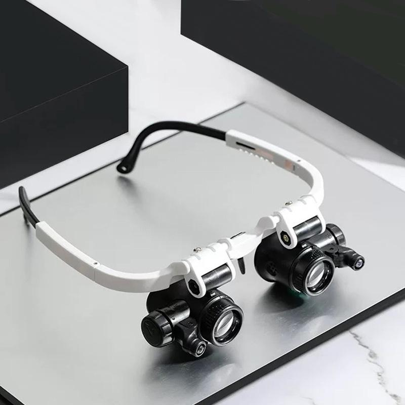 "LED förstoringsglasögon med utbytbara linser, justerbar LED-belysning och bekväm design, perfekt för precisionsarbete."