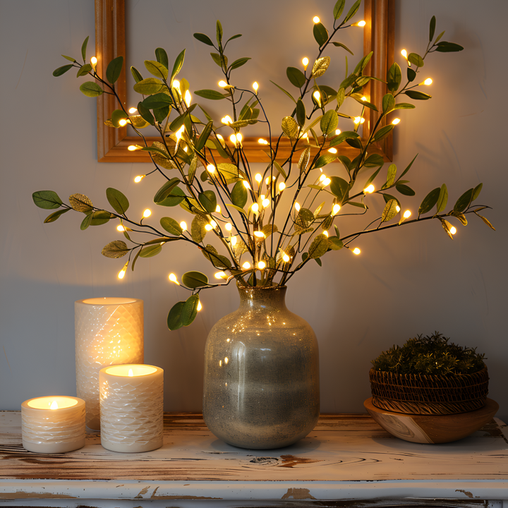Mysig inomhusbelysning med LED grenlampor i vas, perfekt som trådlös dekorationsljus för vardagsrummet.