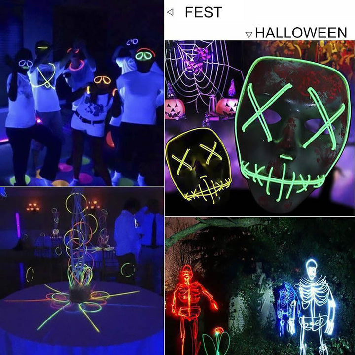 "LED-ljus Stickman Kit för fester, visar lysande linjer i olika färger på kläder. Perfekt för uppträdanden."