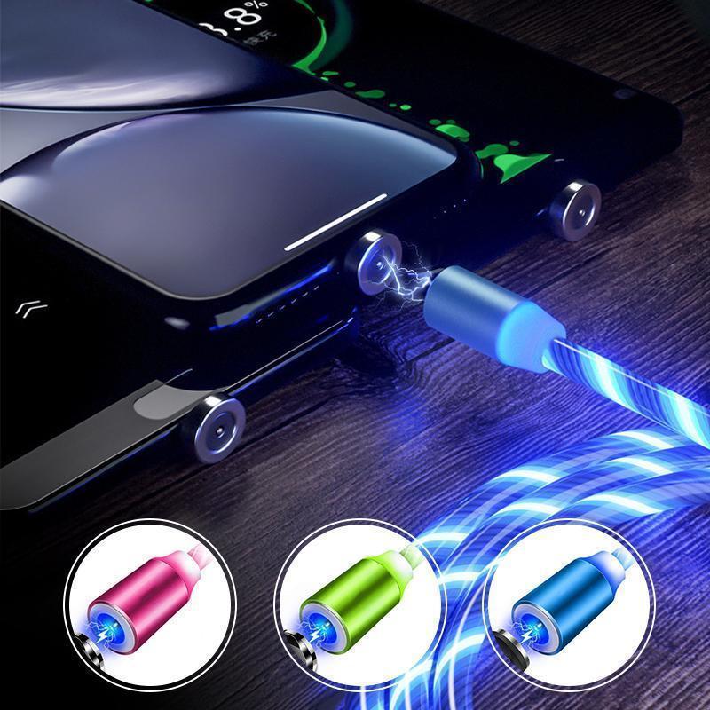 "LED-magnetisk 3-i-1 USB-laddningskabel med blå flödande LED-lampor och superstarka magneter för nattladdning."