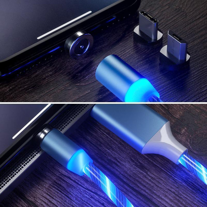 "LED-magnetisk 3-i-1 USB-laddningskabel med blå flödande LED-lampor och superstarka magneter för nattladdning."