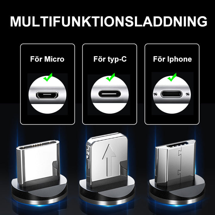 "LED-magnetisk 3-i-1 USB-laddningskabel med blå flödande LED-lampor och superstarka magneter för nattladdning."
