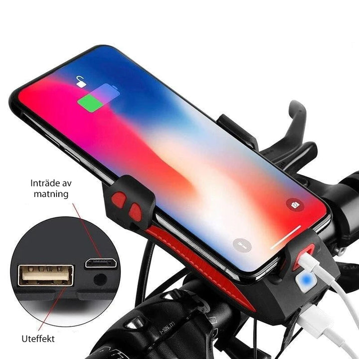 "LED mobilhållare för cykel, starkt ljus, röd färg, med mobil monterad, multifunktionell och säker för nattcykling."
