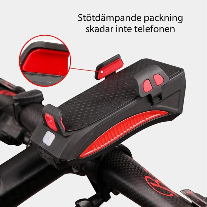 "LED mobilhållare för cykel, starkt ljus, röd färg, med mobil monterad, multifunktionell och säker för nattcykling."