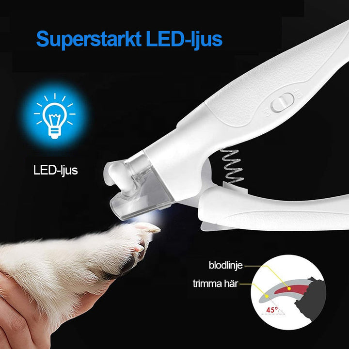 "LED nagelklippare för husdjur med ergonomiskt handtag, LED-ljus för säker klippning, blå och vit färg."