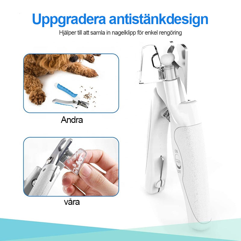 "LED nagelklippare för husdjur med ergonomiskt handtag, LED-ljus för säker klippning, blå och vit färg."