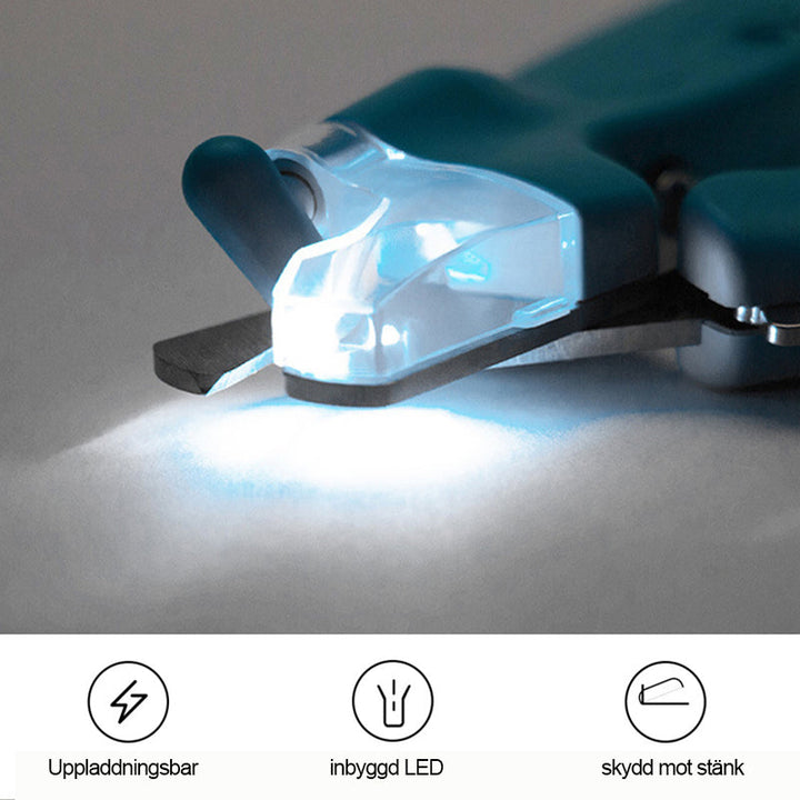 "LED nagelklippare för husdjur med ergonomiskt handtag, LED-ljus för säker klippning, blå och vit färg."