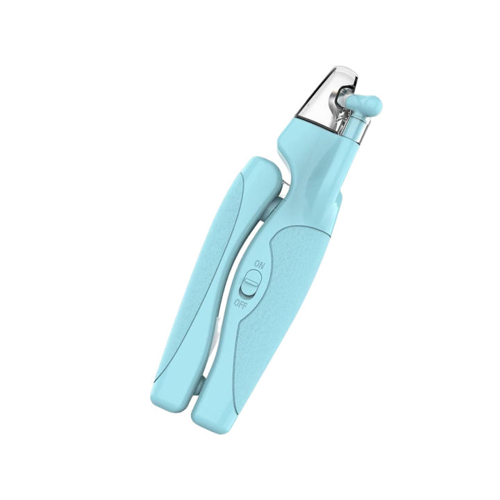 "LED nagelklippare för husdjur med ergonomiskt handtag, LED-ljus för säker klippning, blå och vit färg."