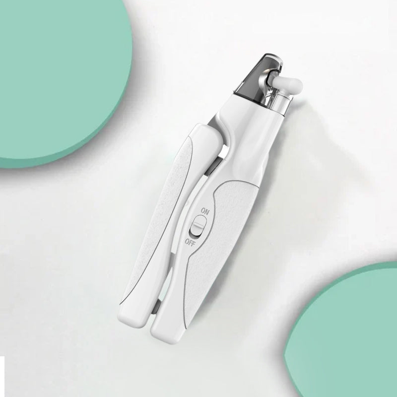 "LED nagelklippare för husdjur med ergonomiskt handtag, LED-ljus för säker klippning, blå och vit färg."