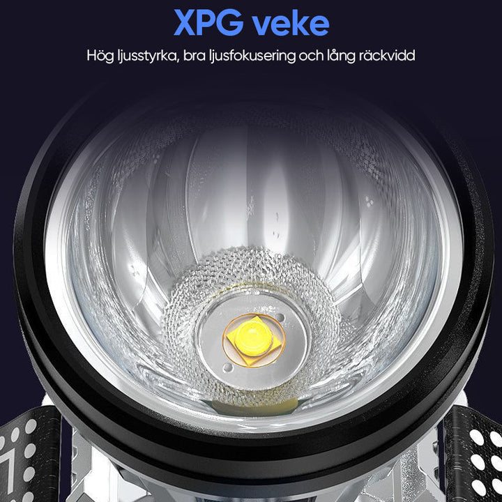 LED-pannlampa med stark XPG LED, vattentät, USB-utgång, grå aluminium, idealisk för utomhusäventyr och arbetsmiljöer.