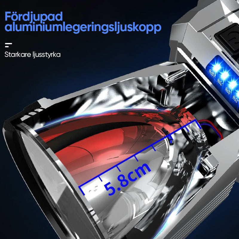 LED-pannlampa med stark XPG LED, vattentät, USB-utgång, grå aluminium, idealisk för utomhusäventyr och arbetsmiljöer.