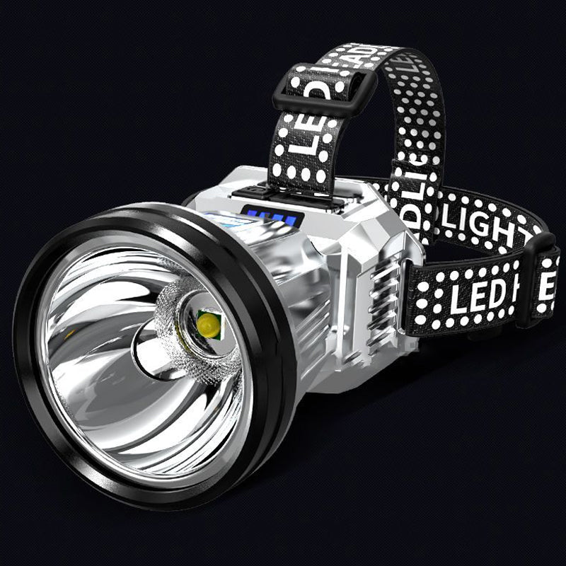 LED-pannlampa med stark XPG LED, vattentät, USB-utgång, grå aluminium, idealisk för utomhusäventyr och arbetsmiljöer.