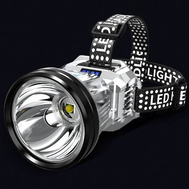LED-pannlampa med stark XPG LED, vattentät, USB-utgång, grå aluminium, idealisk för utomhusäventyr och arbetsmiljöer.
