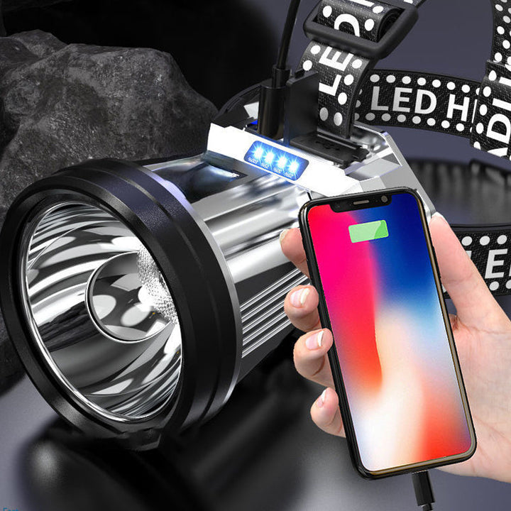 LED-pannlampa med stark XPG LED, vattentät, USB-utgång, grå aluminium, idealisk för utomhusäventyr och arbetsmiljöer.