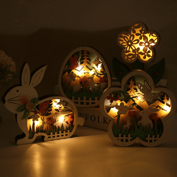 Påskdekoration i trä med LED-ljus och kanindesign, varm belysning för heminredning, batteridriven och hållbar.