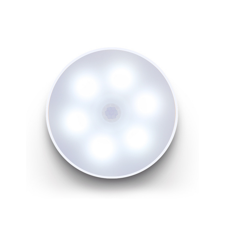 "LED smart sensorljus med rörelsedetektion och USB, vit och varm belysning i kompakt rund design, enkel installation."