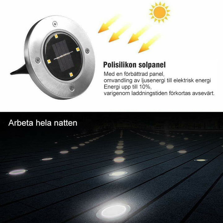 "LED solcellsmarkbelysning för utomhusbruk i rostfritt stål, 8 LED-lampor, rund design, vattentålig och energisnål."