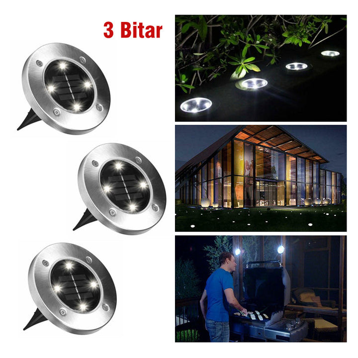 "LED solcellsmarkbelysning för utomhusbruk i rostfritt stål, 8 LED-lampor, rund design, vattentålig och energisnål."