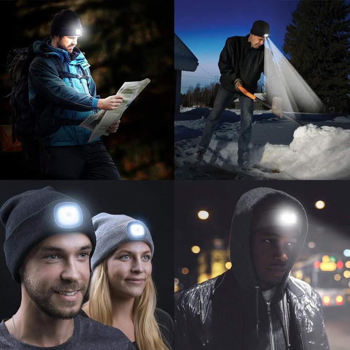 "LED stickad vintermössa för utomhusaktiviteter, grå akryl, med inbyggd lampa för säkerhet i mörker, accessoarbild."
