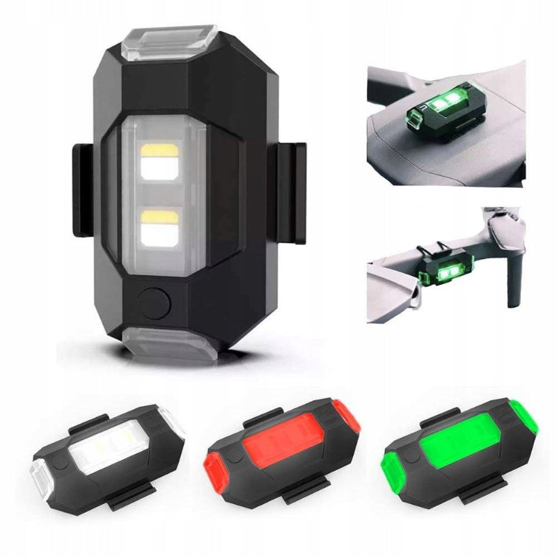 LED-stroboskopljus med 4 färger, USB-laddning, för fordon. Visas i regnbågens färger på svart bakgrund.