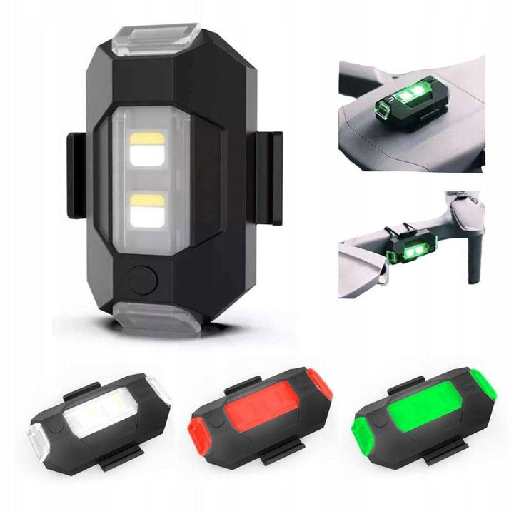 LED-stroboskopljus med 4 färger, USB-laddning, för fordon. Visas i regnbågens färger på svart bakgrund.