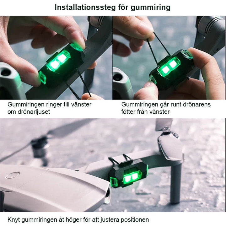 LED-stroboskopljus med 4 färger, USB-laddning, för fordon. Visas i regnbågens färger på svart bakgrund.