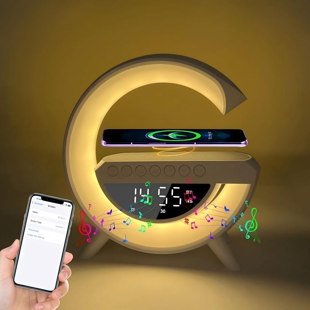 "LED trådlös laddningshögtalare med väckarklocka, modern G-form, sovrumstillbehör, högkvalitativt ljud, ljuseffekter."