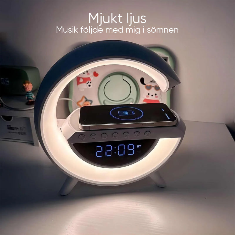 "LED trådlös laddningshögtalare med väckarklocka, modern G-form, sovrumstillbehör, högkvalitativt ljud, ljuseffekter."