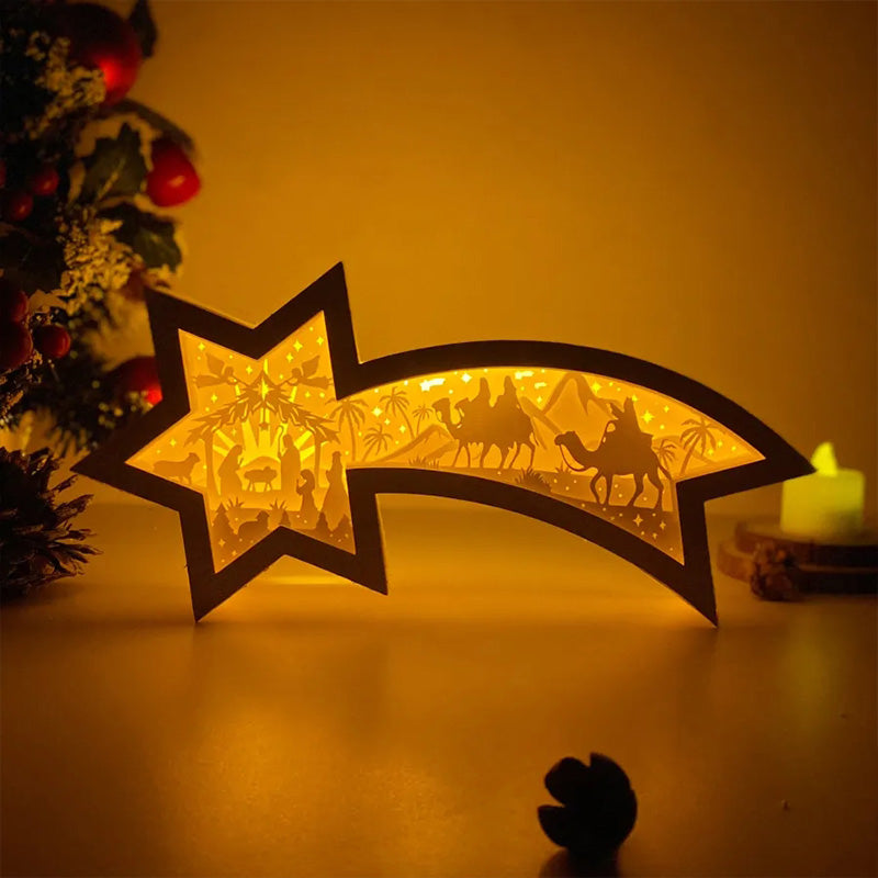 LED Trästjärna för juldekoration med varm belysning, konstnärlig design i trä, perfekt för heminredning